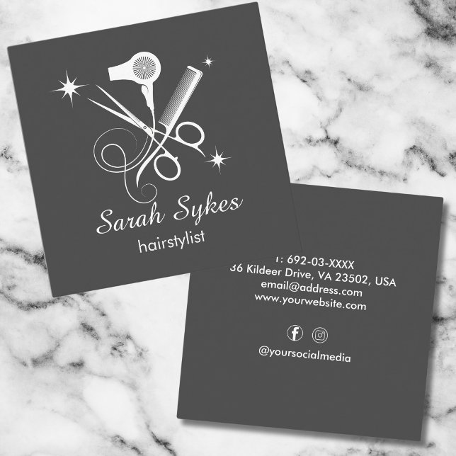 Elegant Hair Stylist Scissors Dark Grey Minimalist Square Business Card (Creator Uploaded)