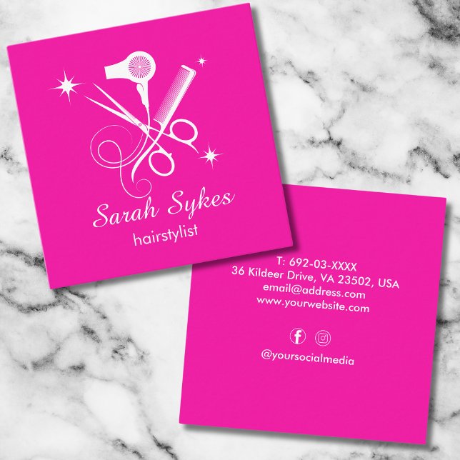 Elegant Hair Stylist Scissors Hot Pink Minimalist Square Business Card (Creator Uploaded)
