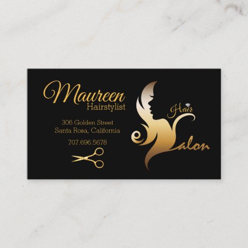 Elegant Hairstylist Black  Gold Hair Silhouette B Business Card