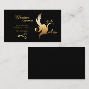 Elegant Hairstylist Black/Gold Hair Silhouette Business Card