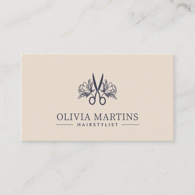Elegant Hairstylist Cream & Charcoal QR Code Logo Business Card (Front)