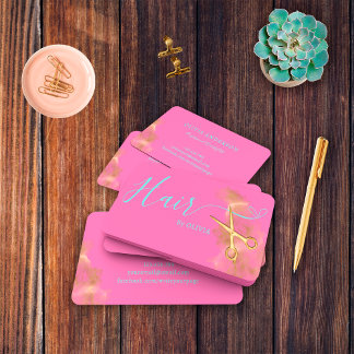 Elegant Hairstylist Gold Scissors Blue Hot Pink Business Card