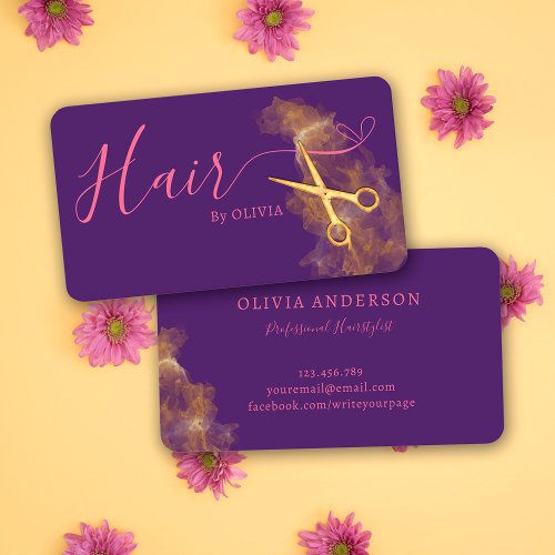 Elegant Hairstylist Gold Scissors Pink Purple Business Card