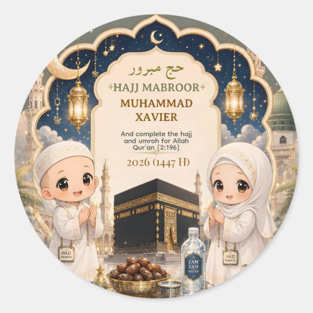 Elegant Hajj Mabroor Chibi Art Personalized Classic Round Sticker (Front)