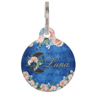 Elegant Half Moon Pink Blue Floral Watercolor Pet ID Tag