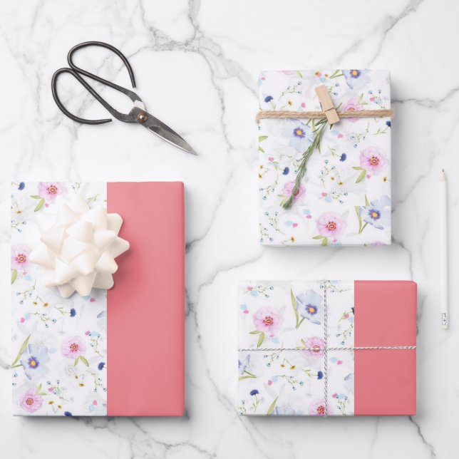 ELEGANT HALF PINK HALF FLORAL PATTERN WRAPPING  PAPER SHEETS (Front)