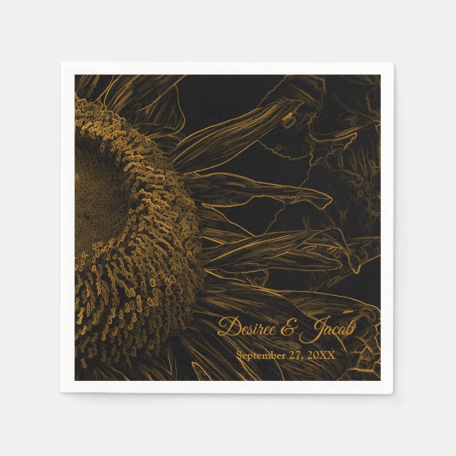 Elegant Half Sunflower Gold Black Floral Art  Napkins (Front)