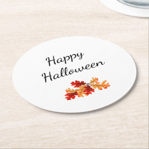 Elegant Halloween Fall Foliage Red Orange Leaves Round Paper Coaster