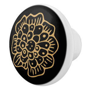 Elegant Halloween Golden Yellow Flowers on Black Ceramic Knob