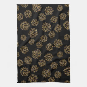 Elegant Halloween Golden Yellow Flowers on Black Kitchen Towel
