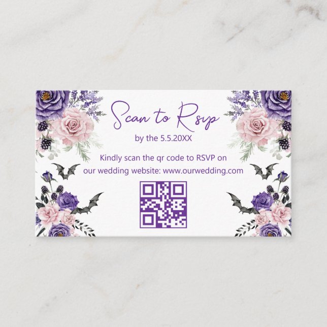 elegant halloween rsvp qr code wedding purple  enclosure card (Front)