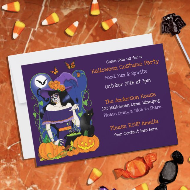 Elegant Halloween Sugar Skull Witch Purple Invitation (Creator Uploaded)