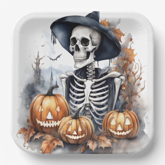 Elegant Halloween Watercolor Skeleton    Paper Plates (Front)