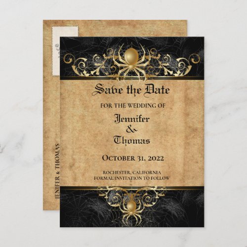 Elegant halloween wedding save the date postcard