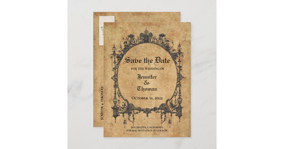 Elegant halloween wedding save the date postcard | Zazzle