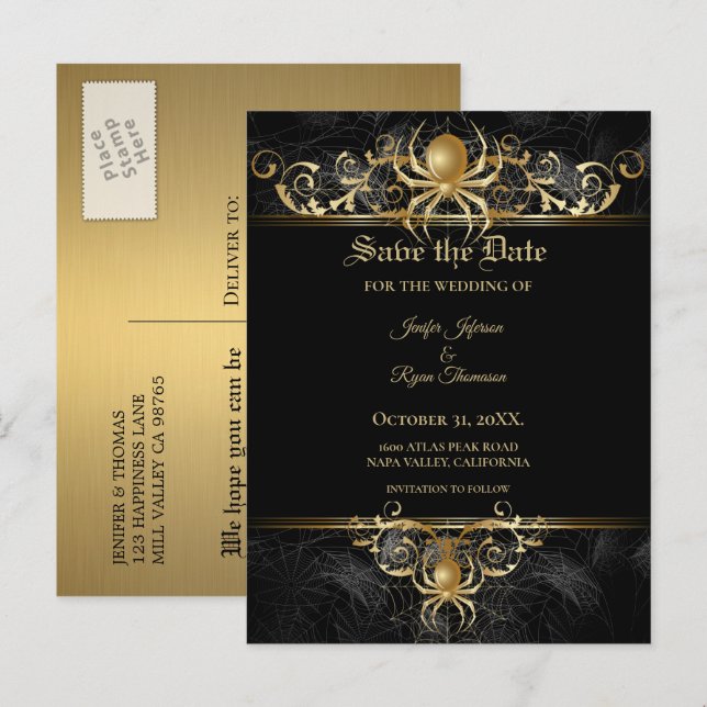 Elegant halloween wedding save the date postcard (Front/Back)