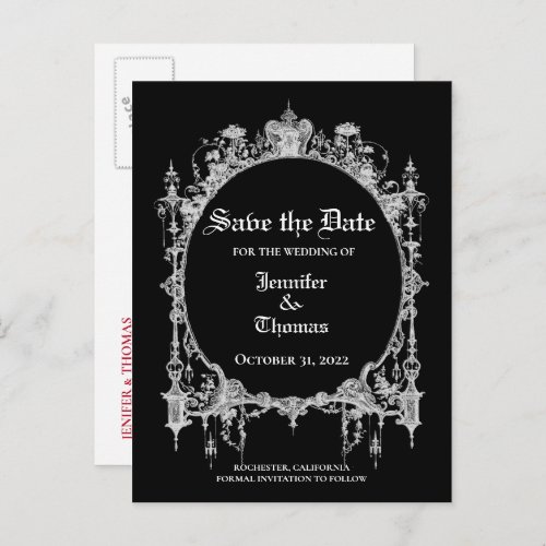 Elegant halloween wedding save the date postcard