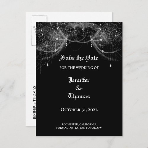 Elegant halloween wedding save the date postcard