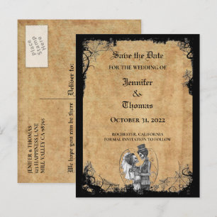 Elegant halloween wedding save the date postcard