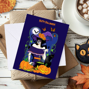 Elegant Halloween Witch Sugar Skull Purple Card
