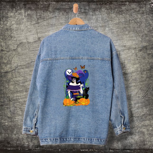 Elegant Halloween Witch Sugar Skull Purple Denim Jacket (Creator Uploaded)