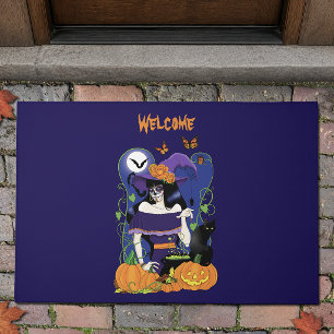 Elegant Halloween Witch Sugar Skull Purple Doormat
