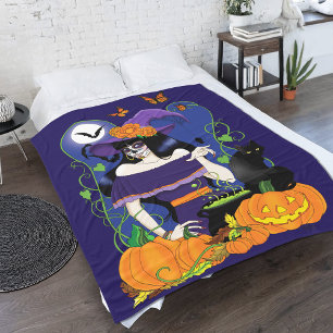 Elegant Halloween Witch Sugar Skull Purple Fleece Blanket