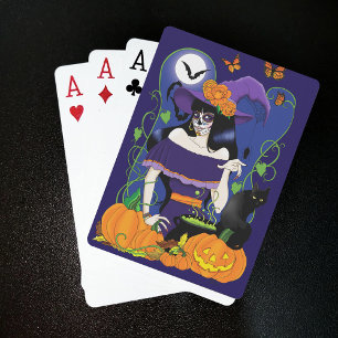 Elegant Halloween Witch Sugar Skull Purple Poker Cards