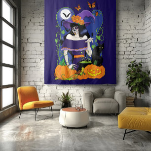 Elegant Halloween Witch Sugar Skull Purple Tapestry