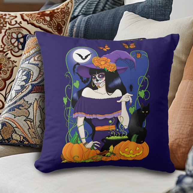 Elegant Halloween Witch Sugar Skull Purple Throw Pillow (Creator Uploaded)
