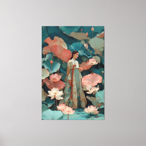 Elegant Hanbok Woman in Pink Lotus Garden Canvas Print