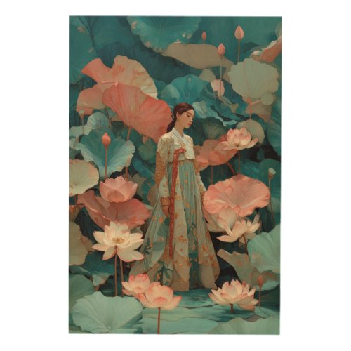 Elegant Hanbok Woman in Pink Lotus Garden Wood Wall Art
