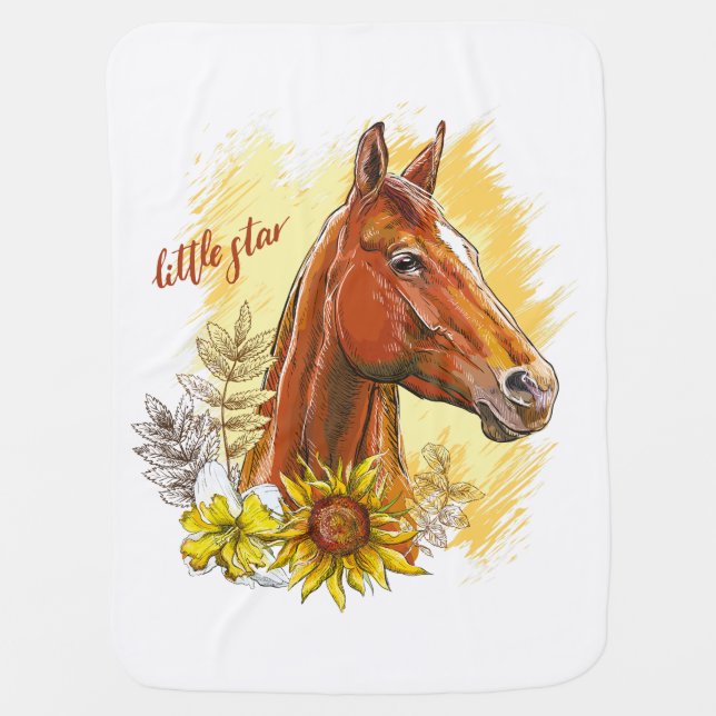 Elegant hand drawing horse with plants and flowers baby blanket (Front)