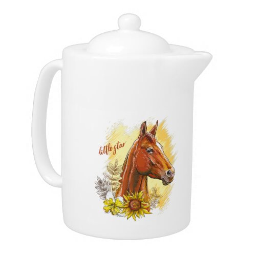 Elegant hand drawing horse with plants and flowers teapot