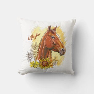 Elegant hand drawing horse with plants and flowers throw pillow