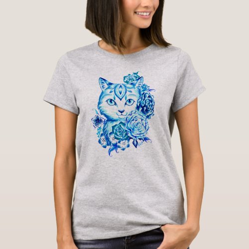 Elegant Hand Drawn 10 Blue Shades Cat Shirt