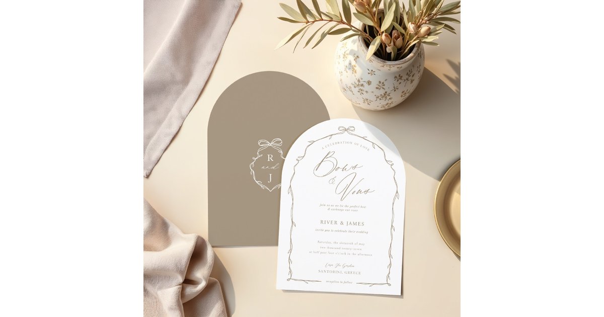 Invitation Beight Pattern Elegant Hand Drawn Beige Bow & Ribbon Arch Wedding Invitation | Zazzle