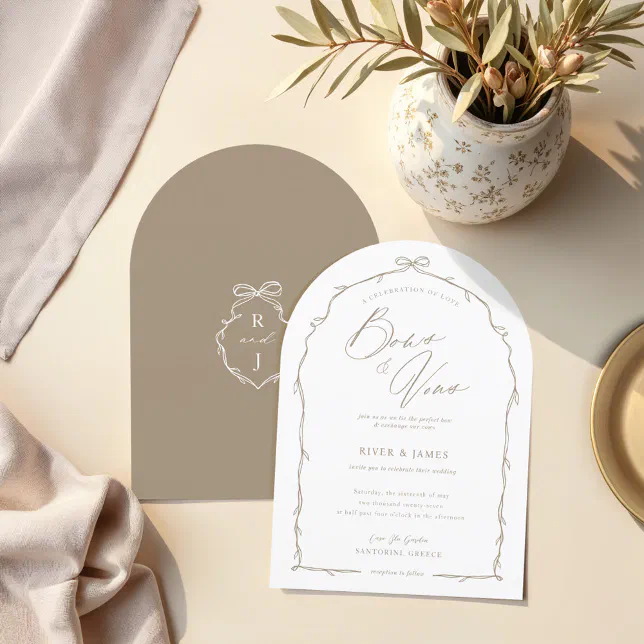 Invitation Beight Pattern Elegant Hand Drawn Beige Bow & Ribbon Arch Wedding Invitation | Zazzle