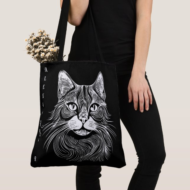 Elegant hand-drawn black&white cat personalized tote bag (Close Up)