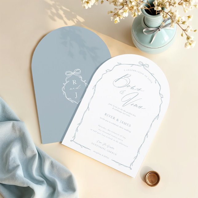Elegant Hand Drawn Blue Bow & Ribbon Arch Wedding Invitation (Elegant Hand Drawn Blue Bow & Ribbon Arch Wedding Invitation)