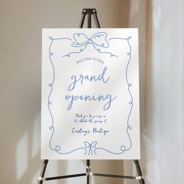 Elegant Hand Drawn Blue Bows Business Welcome Sign (Elegant hand drawn whimsical frame grand opening welcome sign with handwritten fonts in blue & white)