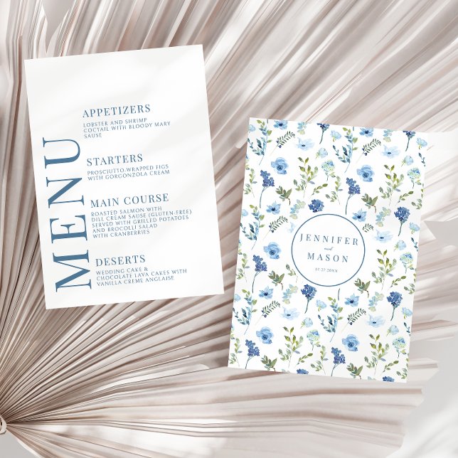 Elegant hand drawn blue floral wedding menu cards (Creator Uploaded)