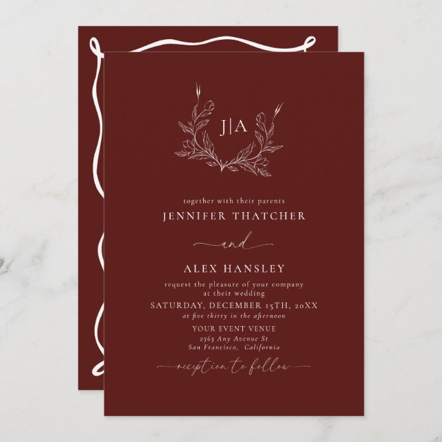 Elegant  Hand Drawn | Botanical Monogram Wedding Invitation (Front/Back)