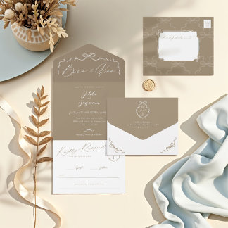 Elegant Hand Drawn Bow & Ribbon Monogram Wedding All In One Invitation