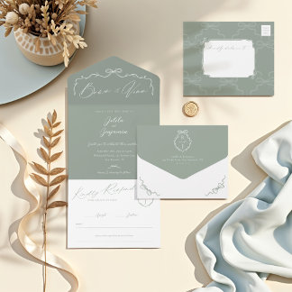 Elegant Hand Drawn Bow & Ribbon Monogram Wedding All In One Invitation
