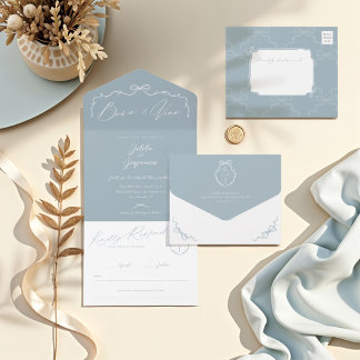 Elegant Hand Drawn Bow & Ribbon Monogram Wedding All In One Invitation