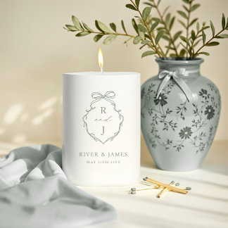 Elegant Hand Drawn Bow & Ribbon Monogram Wedding Pillar Candle