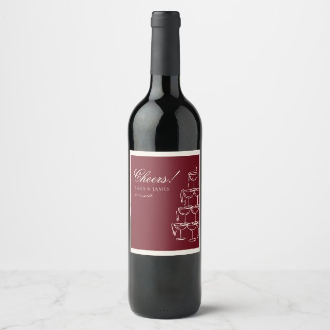 Elegant Hand drawn Burgundy Old Money Wedding Wine Label (Front)