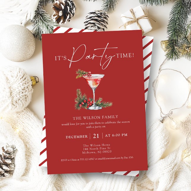 Elegant Hand Drawn Cocktail Christmas Party Invitation (It's Party Time! Christmas cocktail party invitation with hand drawn Martini glass)