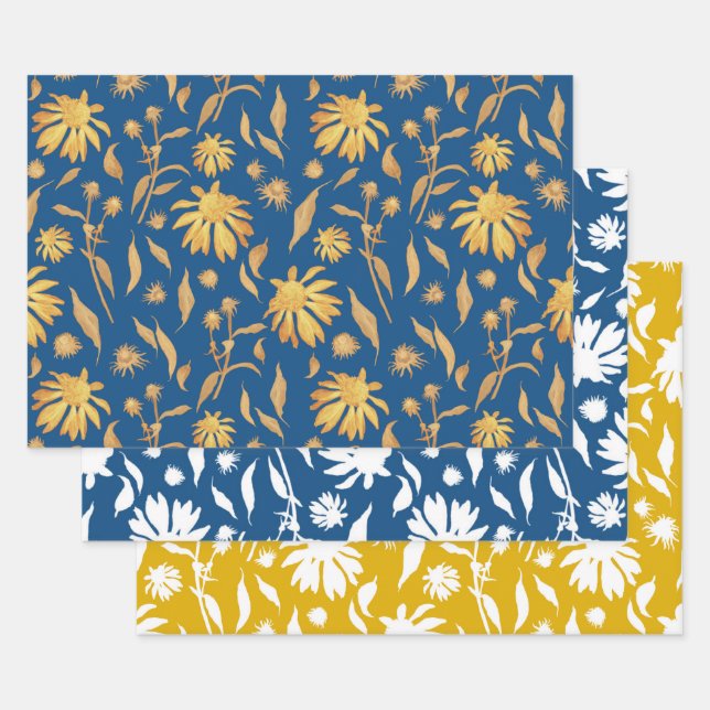 Elegant Hand-drawn Coneflowers Blue Yellow Wrapping Paper Sheets (Set)